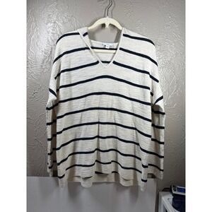 J.‎ Jill Cream Striped Relaxed Hooded Sweater Top V Neck Womens Size Medium